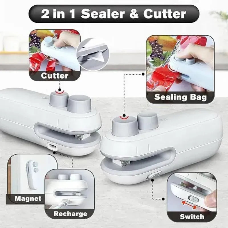 Rechargeable 2-in-1 Food Bag Sealer & Cutter – Keep Your Food Fresh & Organized