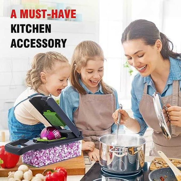 Zemvo vegetable cutter and chopper kitchen gadget with multiple blades for slicing and chopping vegetables in a modern kitchen setting.